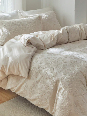 3pcs Beige Flower Pattern Duvet Cover And Pillowcase Set, Bohemian Style & Minimalist & Japanese Style Polyester Bedding Set Suitable For All Seasons