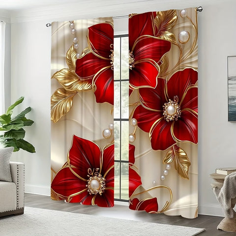 2pcs Red Floral And Dark Brown Leaf Print Curtains - With Easy Rod Pocket Design, Polyester Material Machine Washable, Perfect For Living Room, Bedroom And Study Decor