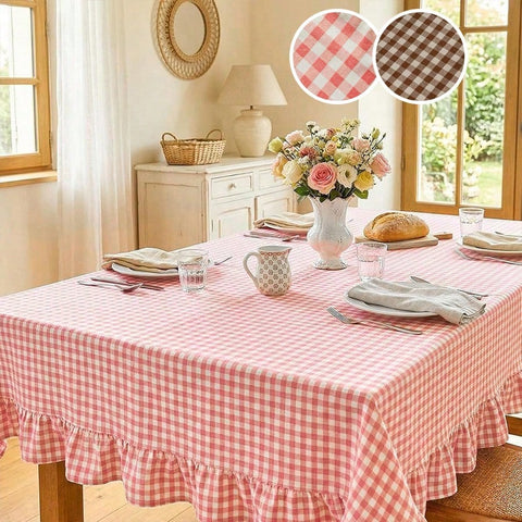 1pc French Retro Plaid Tablecloth, Farmhouse Vintage Style With Ruffle Trim, Skin-Friendly Washable Reusable, Suitable For Home Kitchen Dinner, Outdoor Activities, Living Room, Dining Room, Party, Daily Decor