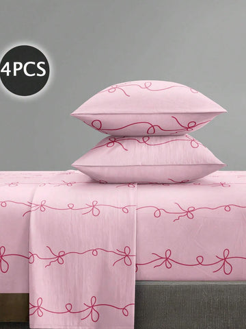 4-Piece Bohemian Geometric Vintage Floral Bedding Set, Easy Care Soft Bed Sheets, Includes 1 Flat Sheet + 1 Fitted Sheet + 2 Pillowcases, Fits King Queen Full Twin Sizes, Deep Pocket Fitted Sheet Up To 11.8 Inches