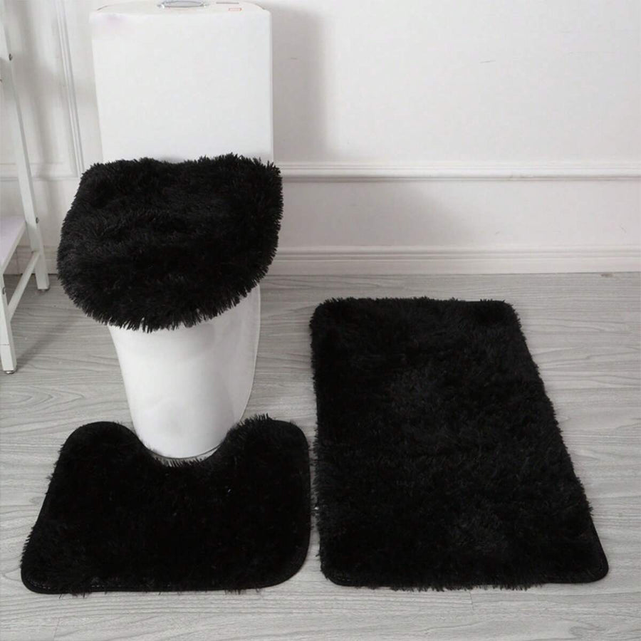3 Piece Shaggy Plush Bathroom Rug Set, Bath Mat U-Shaped Contour Mat Round Toilet Seat Lid Cover, Absorbent Non Slip PVC Back Thick Fluffy Machine Washable Floor Mats For Shower Tub Bedroom Kitchen Entryway